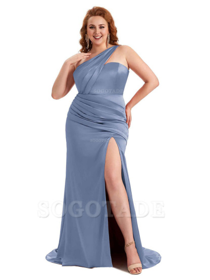 Sexy Side Slit One Shoulder Mermaid Soft Satin Long Plus Size Matron of Honor Dress For Wedding