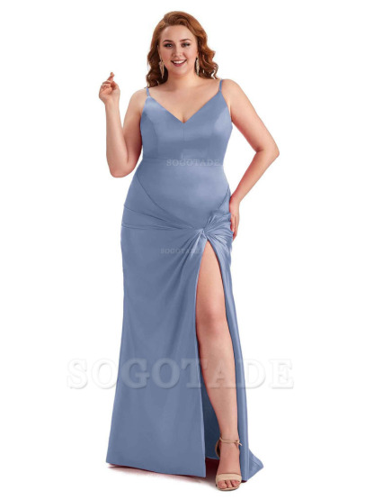 Sexy Spaghetti Straps V-neck Side Slit Mermaid Soft Satin Long Plus Size Bridesmaid Dress