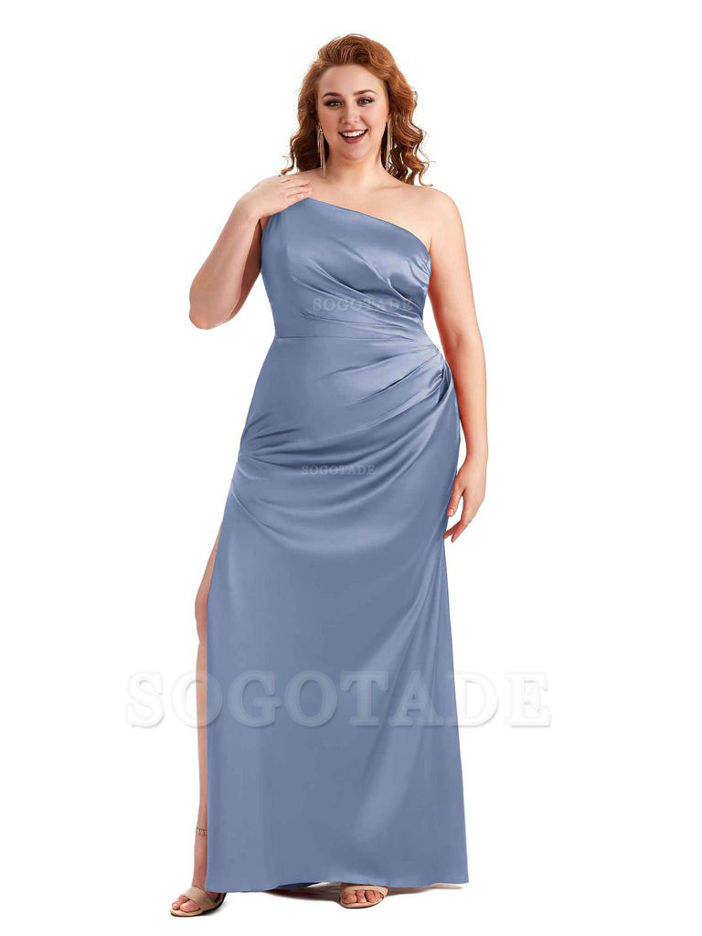 Sexy Side Slit One Shoulder Mermaid Soft Satin Long Plus Size Maid of Honour Dresses