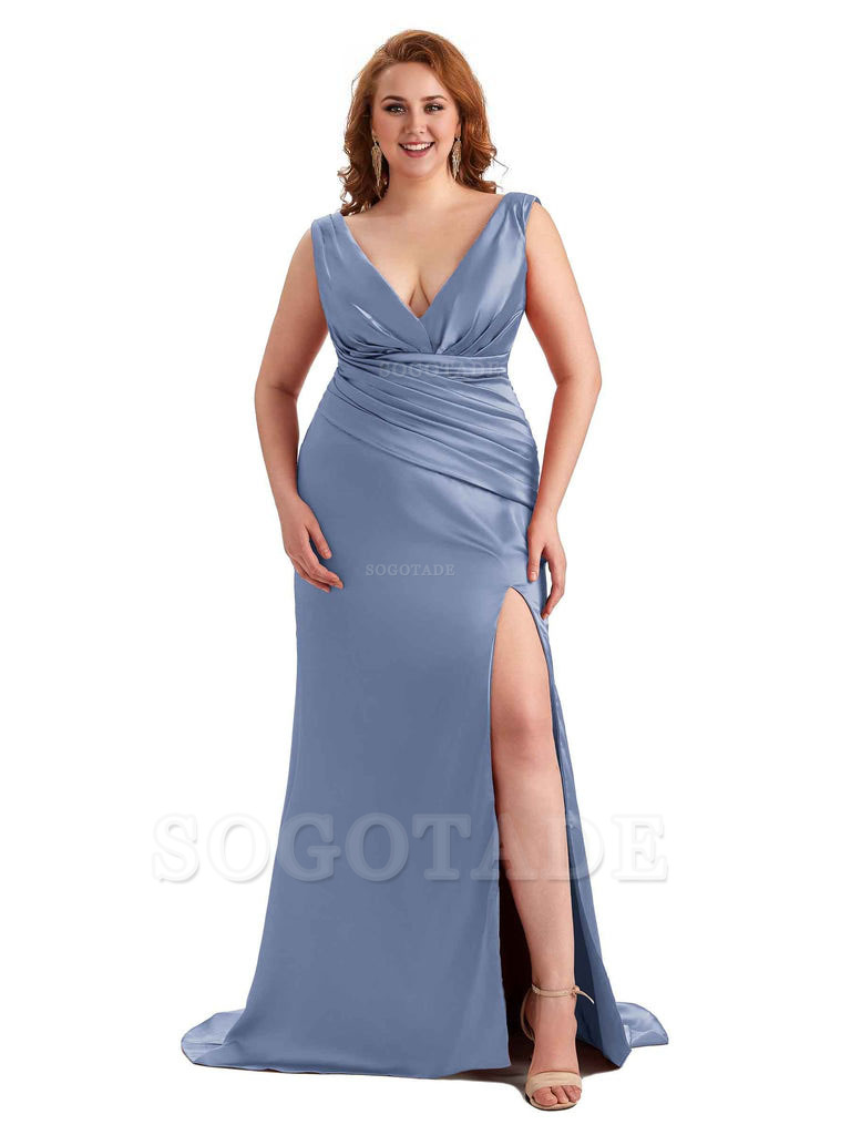 Elegant V-neck Side Slit Mermaid Soft Satin Long Plus Size Bridesmaid Dress For Wedding