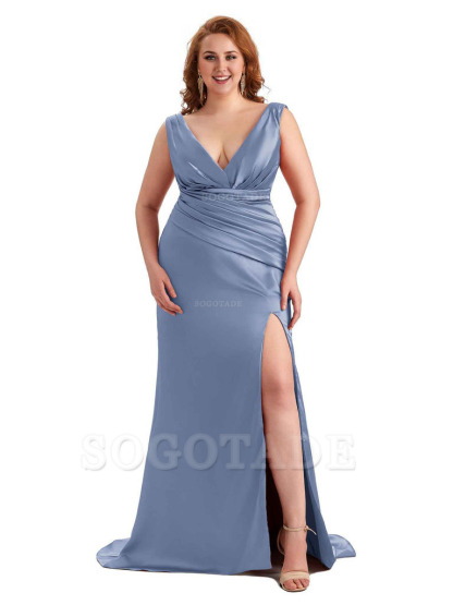 Elegant V-neck Side Slit Mermaid Soft Satin Long Plus Size Bridesmaid Dress For Wedding