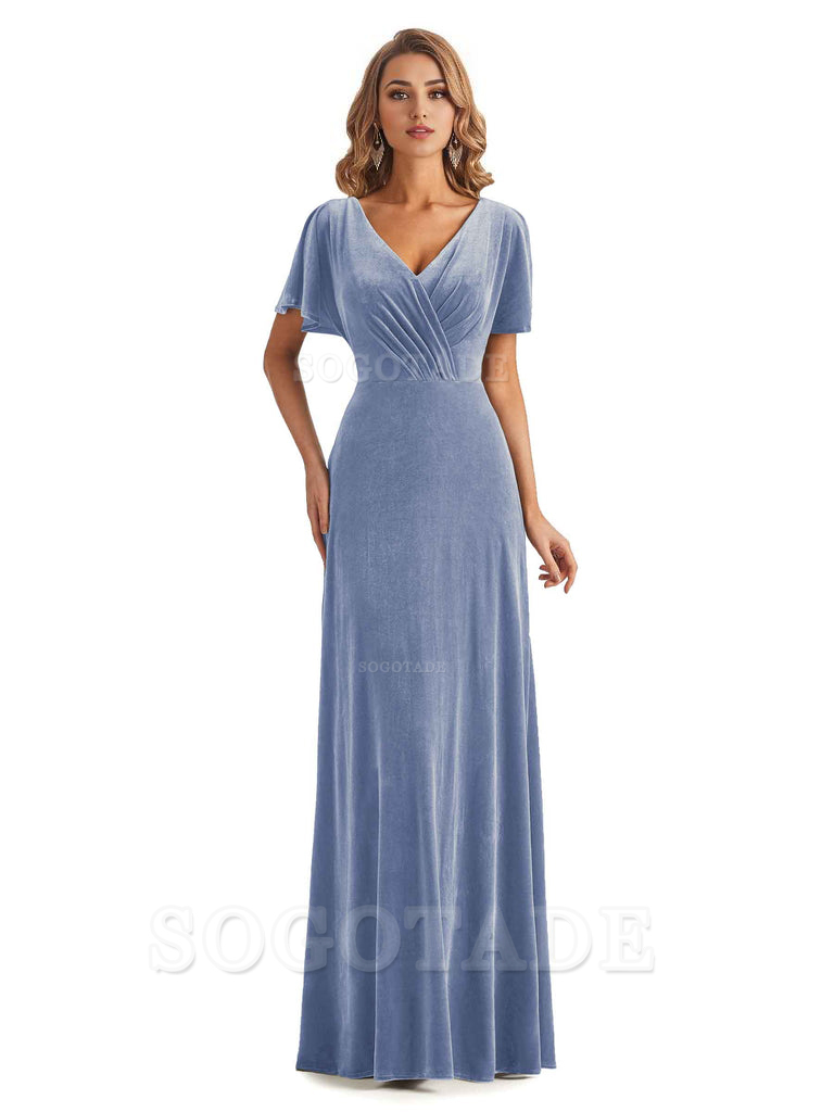 Elegant Mermaid V-neck Short Sleeves Unique Velvet Long Bridesmaid Dresses