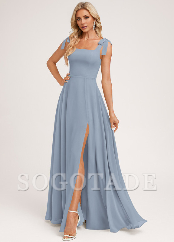 A-shaped square bow landing chiffon bridesmaid dress