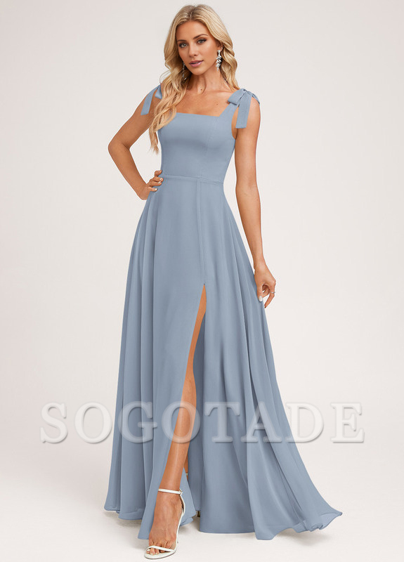 A-shaped square bow landing chiffon bridesmaid dress