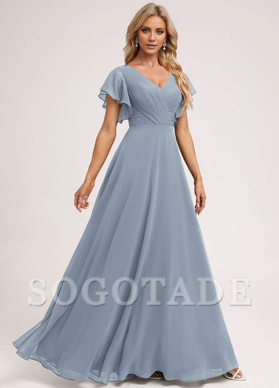 Ruffle A-line V-neck and floor chiffon bridesmaid dress