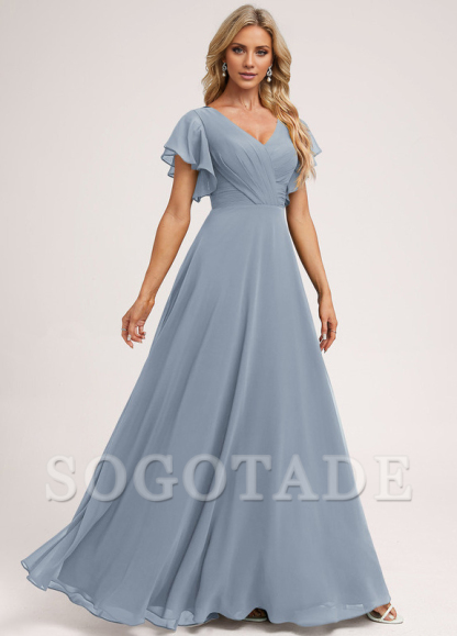 Ruffle A-line V-neck and floor chiffon bridesmaid dress