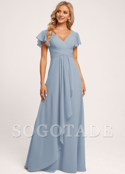 Ruffle A-line V-neck and floor chiffon bridesmaid dress