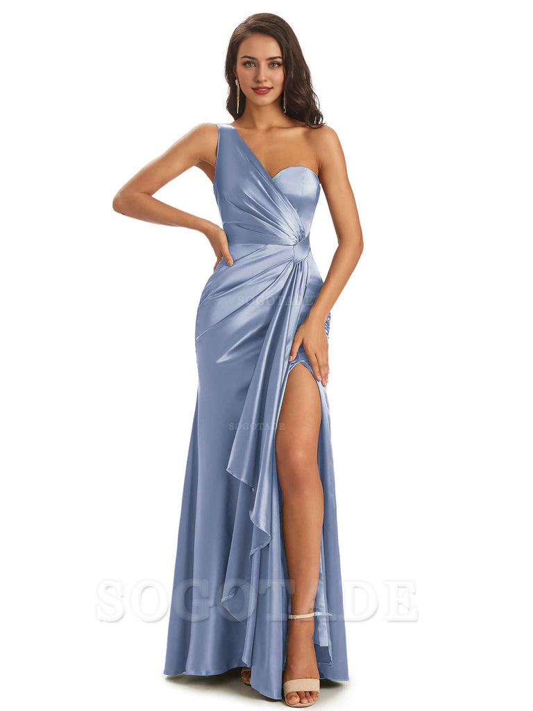 Elegant Soft Satin Side Slit One Shoulder Unique Mermaid Bridesmaid Dresses Online prom dresses shops