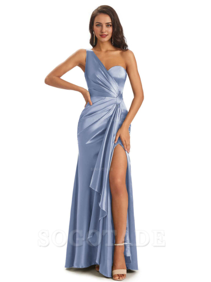 Elegant Soft Satin Side Slit One Shoulder Unique Mermaid Bridesmaid Dresses Online prom dresses shops