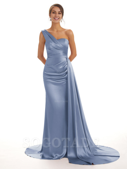 Elegant One Shoulder Soft Satin Unique Mermaid Long Bridesmaid Dresses Online prom dresses shops