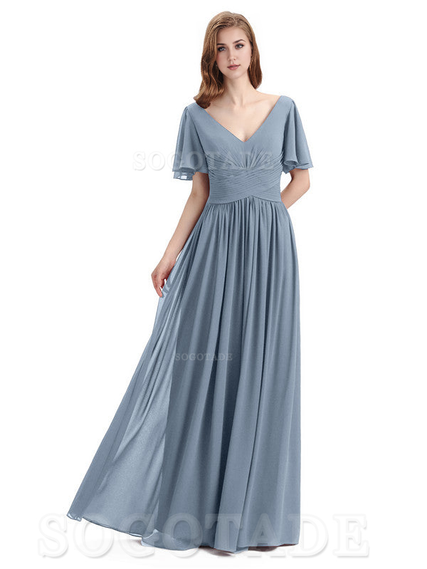A-Line Chiffon Short Sleeves Elegant Floor-Length Bridesmaid Dresses Formal Women's Dresses Wedding Guests Dresses