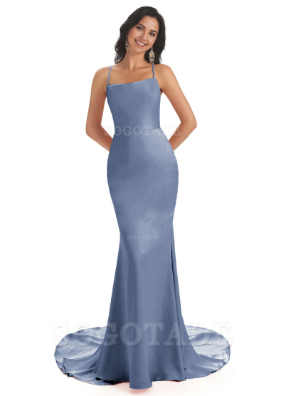 Mermaid Spaghetti Backless Straps Satin Long formal dresses evening gown Bridesmaid Dresses
