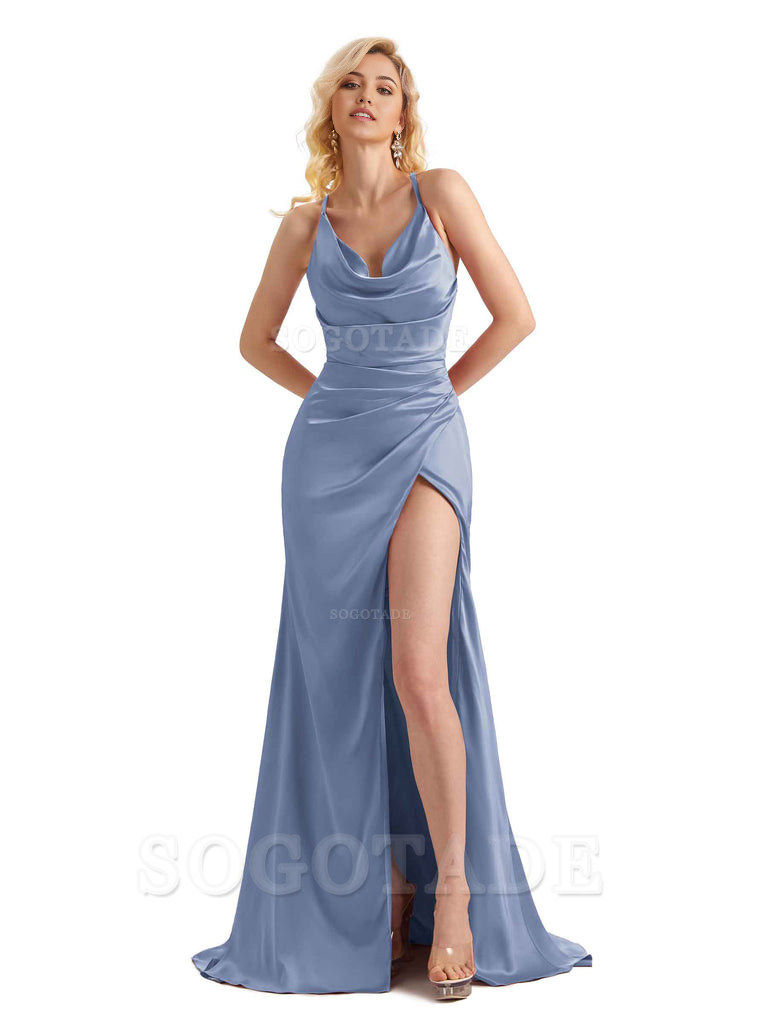 Sheath Cowl Neck Satin formal dresses evening gown Bridesmaid Dresses With Side Slit 