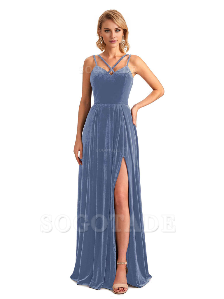Sexy Side Slit Spaghetti Straps Unique Velvet Long Bridesmaid Dresses Online