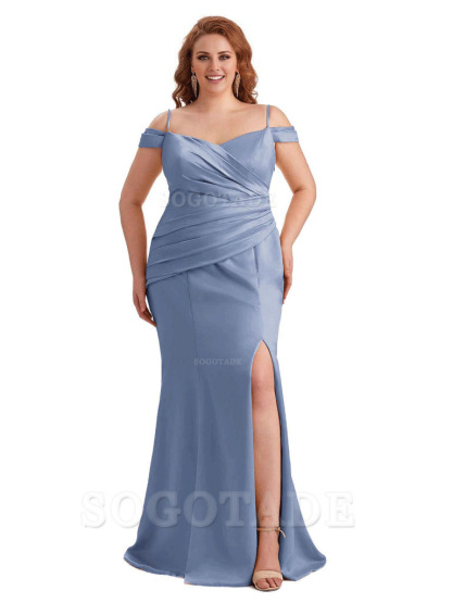 Elegant Cold Shoulder Side Slit Mermaid Soft Satin Long Plus Size Bridesmaid Gowns