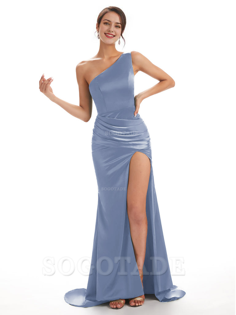 Sexy Soft Satin Side Slit One Shoulder Long Mermaid Bridesmaid Dresses Online prom shop dresses ﻿