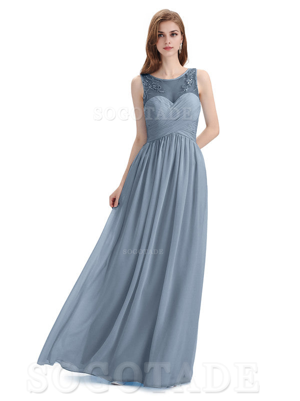 Elegant A-Line Chiffon Sleeveless Ruched Long Simple Bridesmaid Dresse
