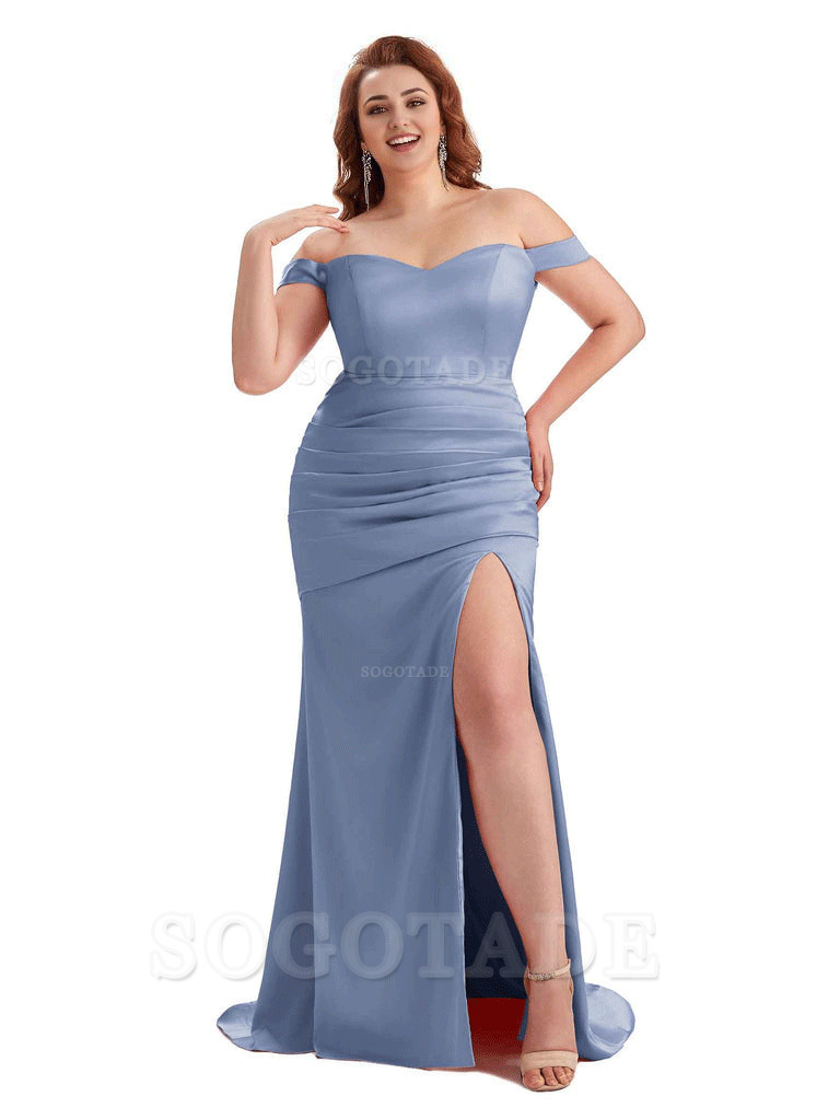 Sexy Mermaid Off The Shoulder Side Slit Soft Satin Long Plus Size Wedding Party Dresses