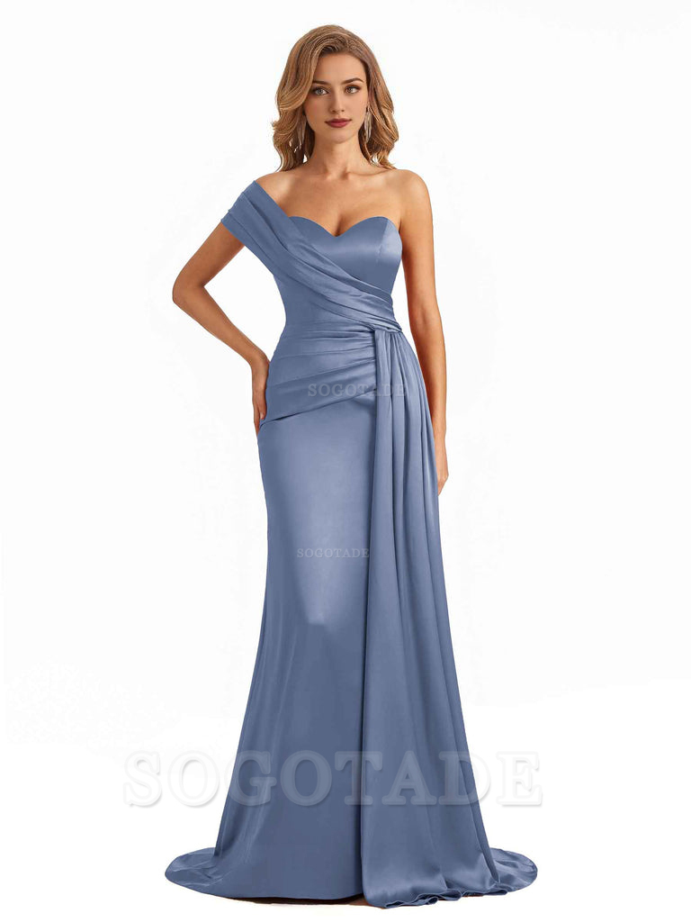 Elegant One Shoulder Soft Satin Long Mermaid Bridesmaid Dresses Online prom shop dresses ﻿