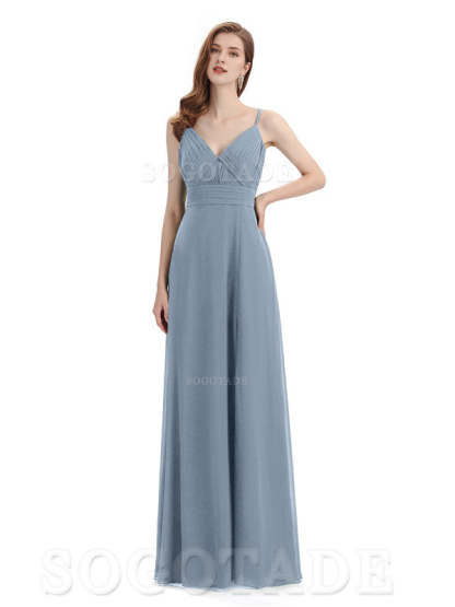 Chiffon V-Neck Spaghetti Strap Floor-Length Side Fork Long Bridesmaid Dresses Formal Women's Dresses Wedding Guests Dresses
