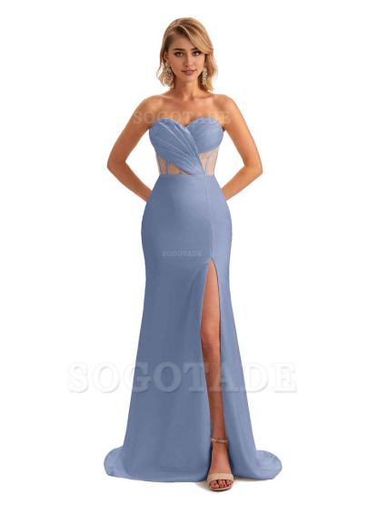 Sexy Sweetheart Strapless Side Slit Mermaid Soft Satin Unique Long Bridesmaid Dress For Wedding