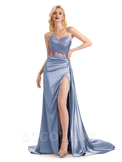 Sexy Soft Satin Side Slit See Through Floor-Length Long Mermaid Bridesmaid Dresses prom shop dresses