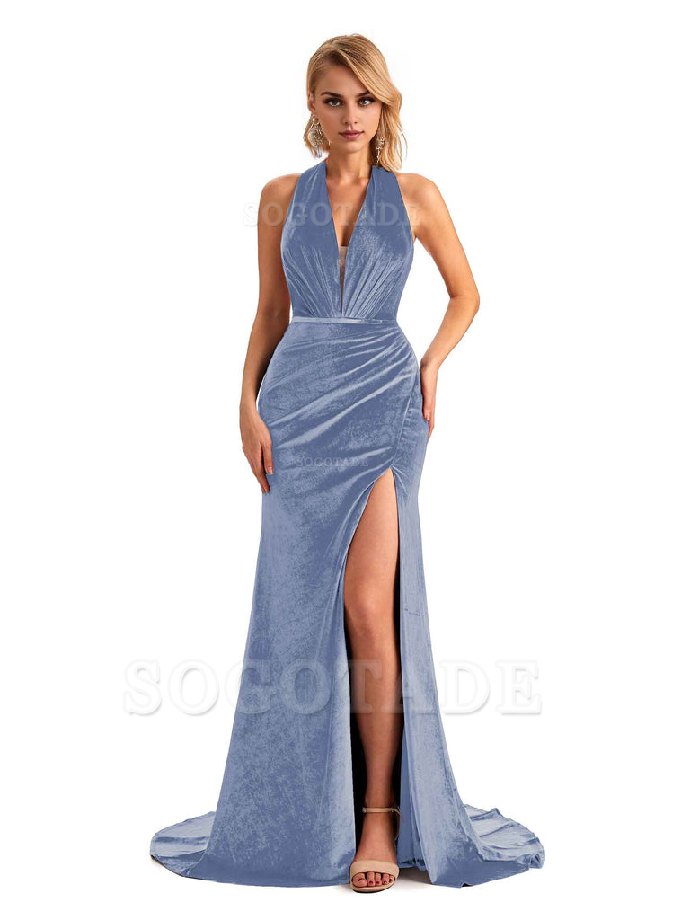 Sexy Deep V Neck Backless Mermaid Halter Side Slit Velvet Long Bridesmaid Dresses Online