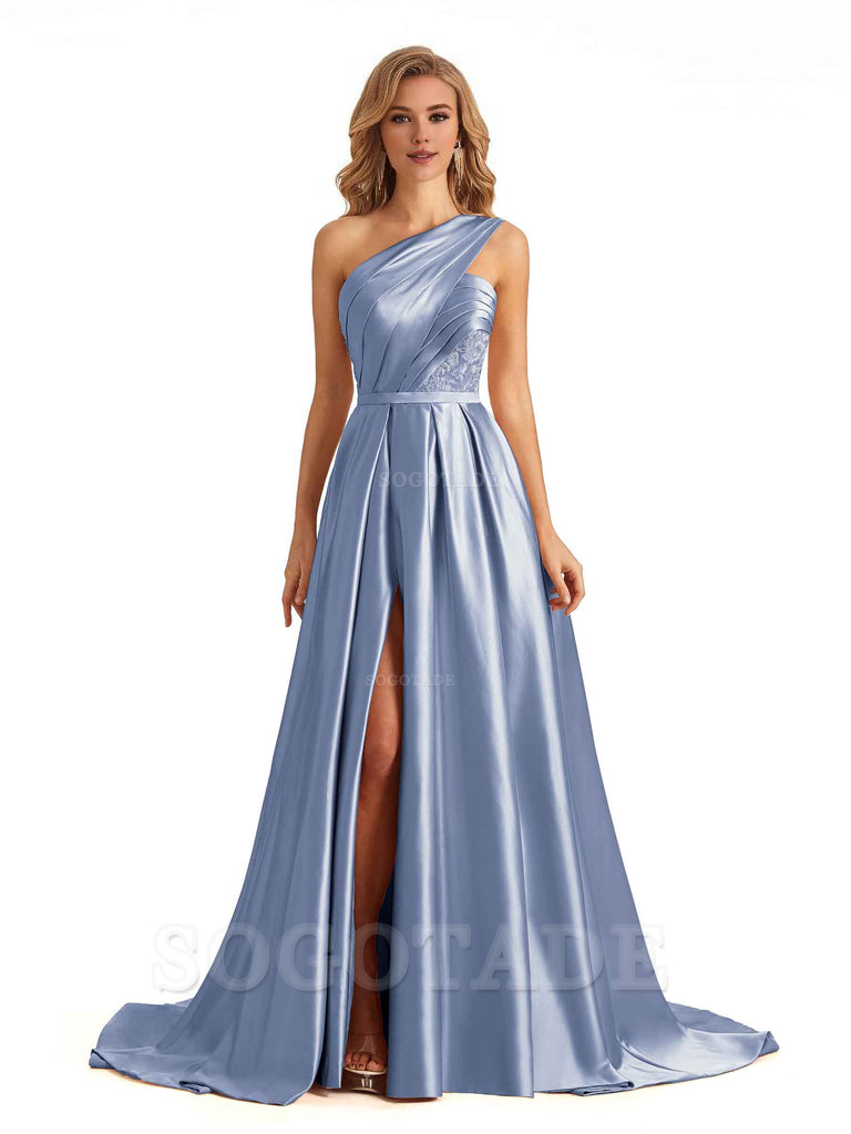 Sexy Side Slit One Shoulder A-Line Soft Satin Long Bridesmaid Dresses Online prom dress in store
