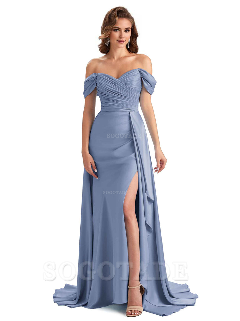 Sexy Side Slit Mermaid Soft Satin Off The Shoulder Long Unique Bridesmaid Dresses prom dress in store