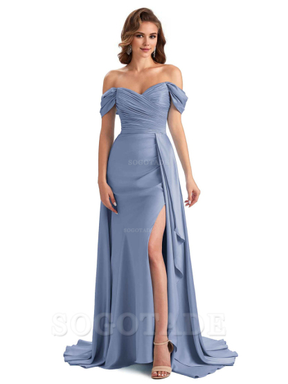Sexy Side Slit Mermaid Soft Satin Off The Shoulder Long Unique Bridesmaid Dresses prom dress in store
