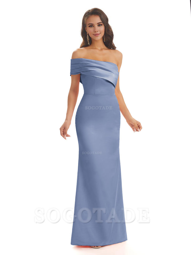 Soft Satin Sexy Side Slit One Shoulder Long Mermaid Bridesmaid Dresses