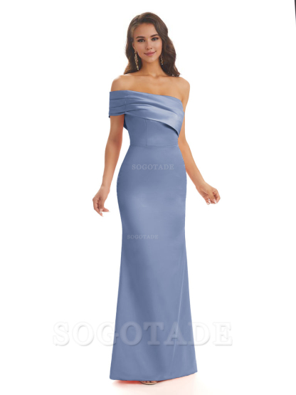 Soft Satin Sexy Side Slit One Shoulder Long Mermaid Bridesmaid Dresses Online prom dress in store