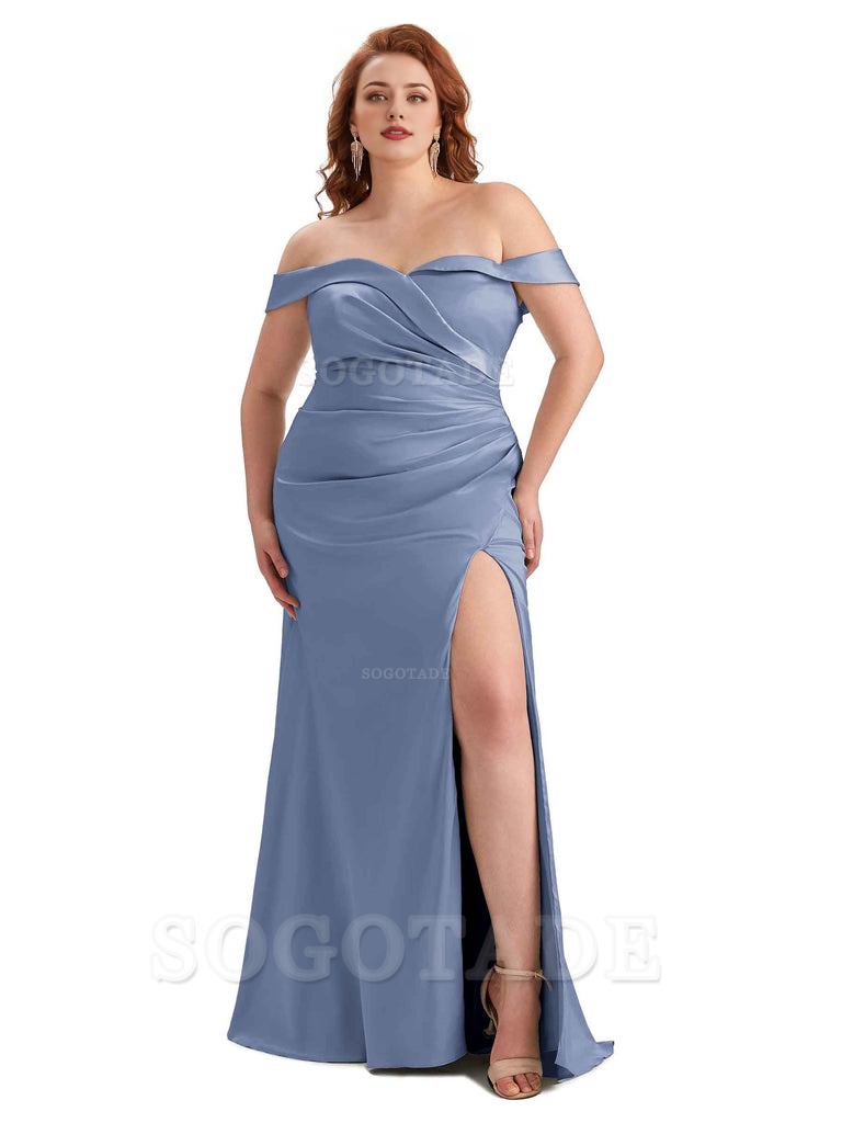 Sexy Side Slit Off Shoulder Mermaid Soft Satin Long Plus Size Bridesmaid Gowns For Wedding