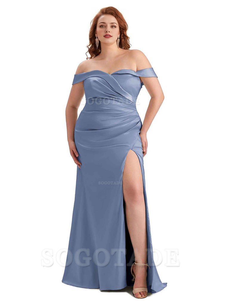 Sexy Side Slit Off Shoulder Mermaid Soft Satin Long Plus Size Bridesmaid Gowns For Wedding