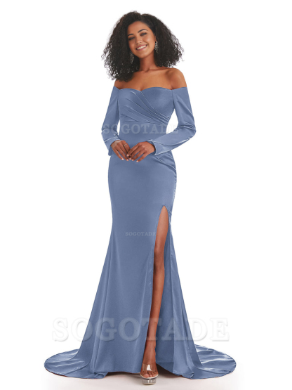 Mermaid Long Sleeve Satin formal dresses evening gown Bridesmaid Dresses With Side Slit 