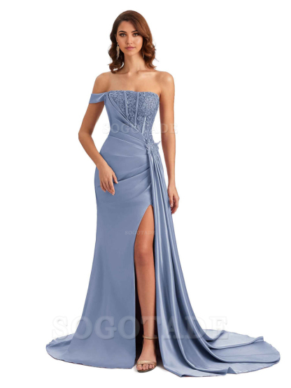 Mermaid Off Shoulder Applique formal dresses evening gown Bridesmaid Dresses With Side Slit 