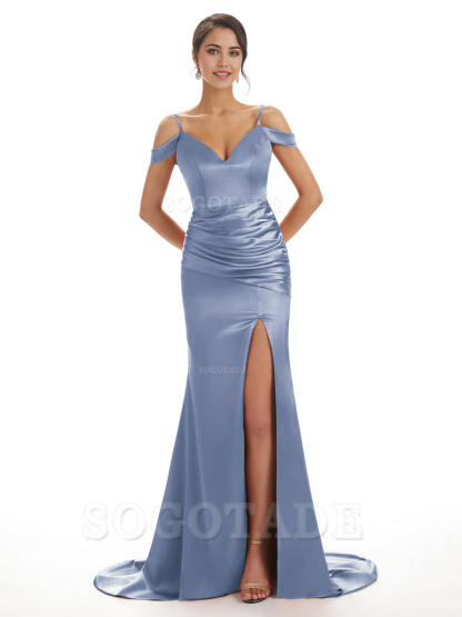 Mermaid Off The Shoulder Satin formal dresses evening gown Bridesmaid Dresses With Side Slit 