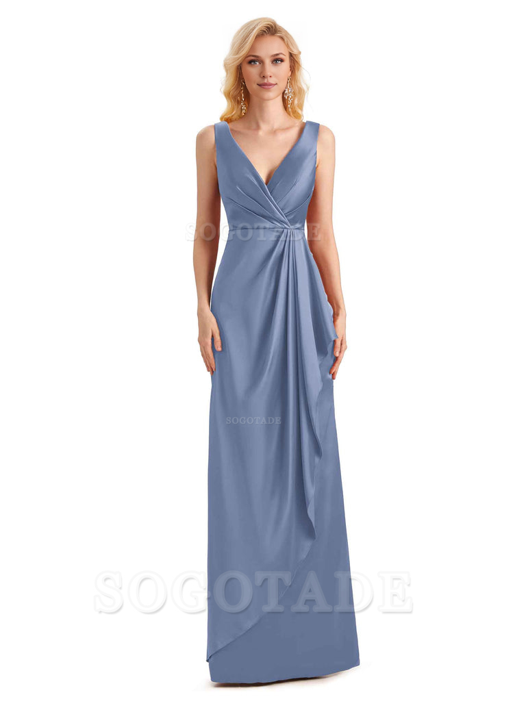 V Neck Elegant Soft Satin Formal Long Maid Bridesmaid Dresses Formal Wear Dresses