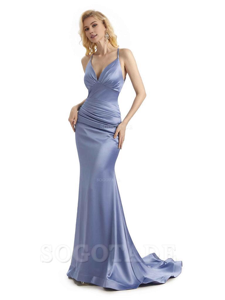 Elegant Soft Satin Mermaid Spaghetti Straps V-Neck Backless Long Bridesmaid Dresses Charming Evening Party Dress
