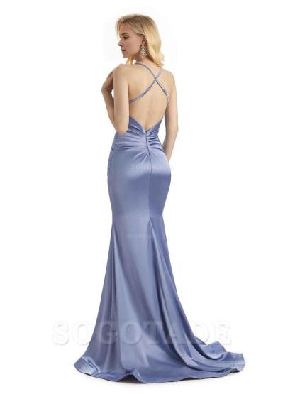 Elegant Soft Satin Mermaid Spaghetti Straps V-Neck Backless Long Bridesmaid Dresses Charming Evening Party Dress