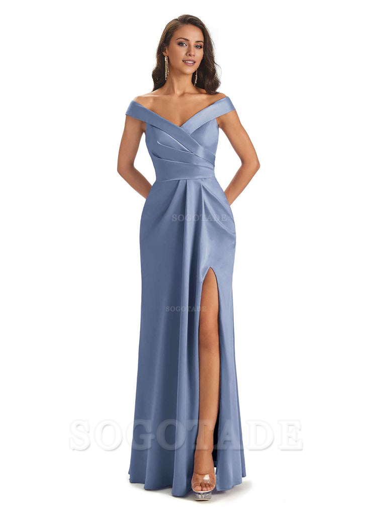 Sexy Soft Side Slit Off Shoulder V-Neck Long Satin Ladies Bridesmaid Dresses Elegant Evening Party Dress