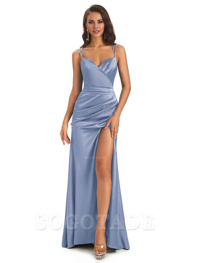 Sexy Soft Satin Side Slit Spaghetti Straps Long Maxi Mermaid Bridesmaid Dresses Elegant Evening Party Dress