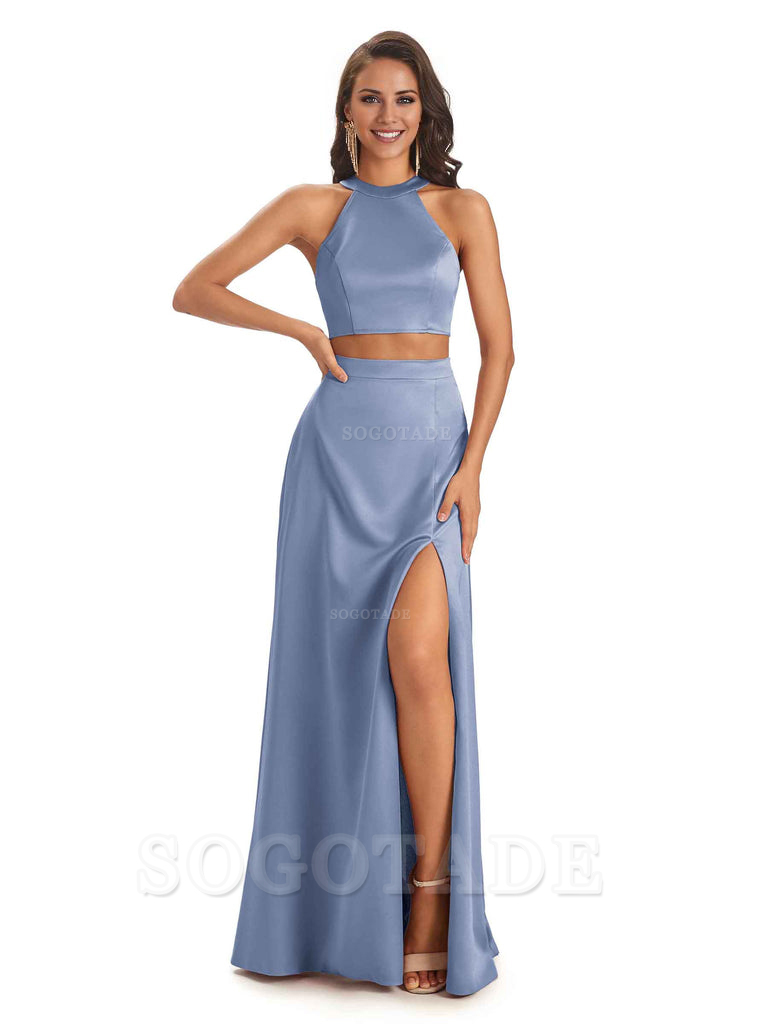 Soft Satin Two-Pieces Halter Side Slit Sexy Fashion Bridesmaid Dresses Charming Evening Party Dress