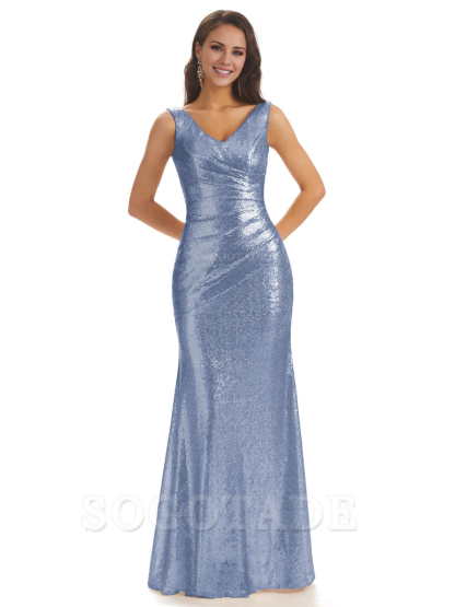 Sexy Sequin V-Neck Sparkly Long Mermaid Bridesmaid Dresses Charming Evening Party Dress