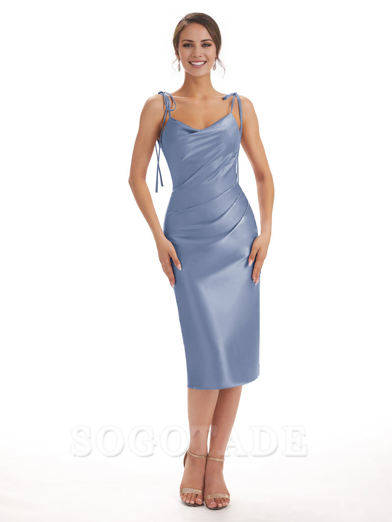 Tea Length Midi Short Bridesmaid Dresses Spaghetti Straps Satin Elegant Evening Party Dress