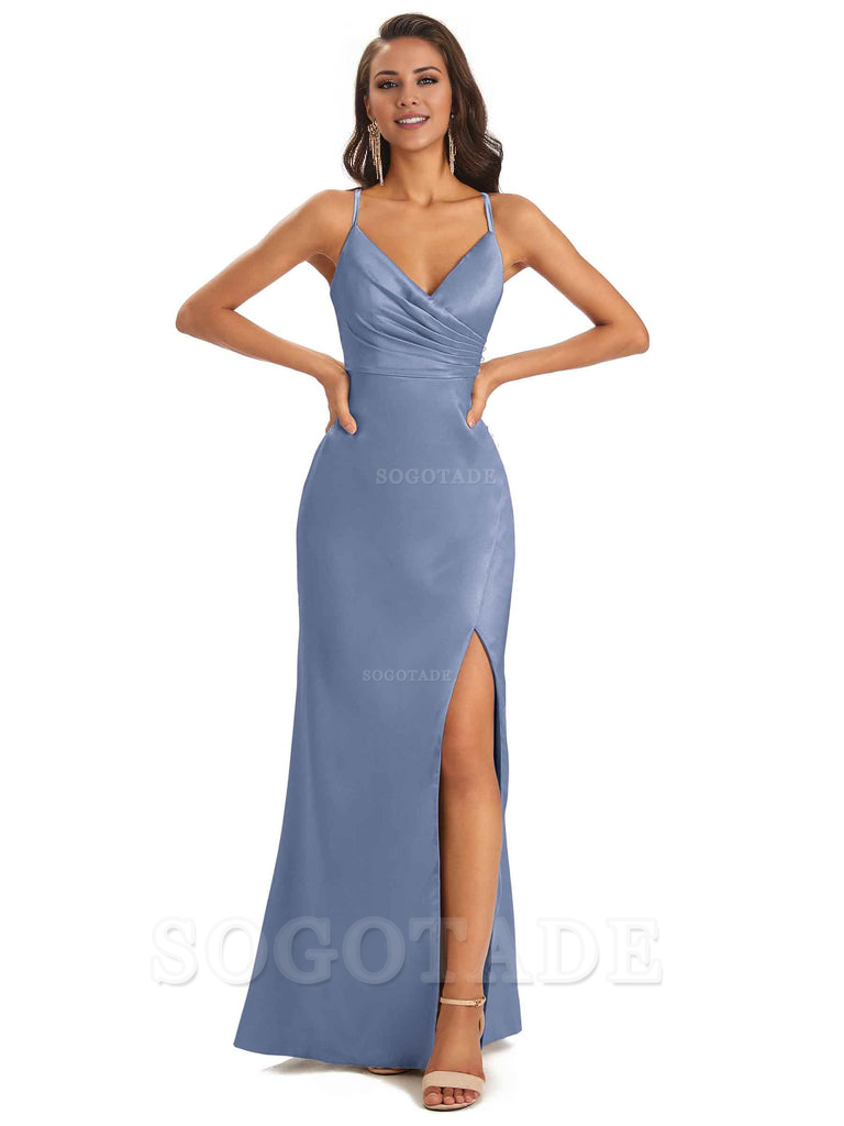Soft Satin Side Slit Spaghetti Straps Long Unique Mermaid Bridesmaid Dresses Elegant Evening Party Dress
