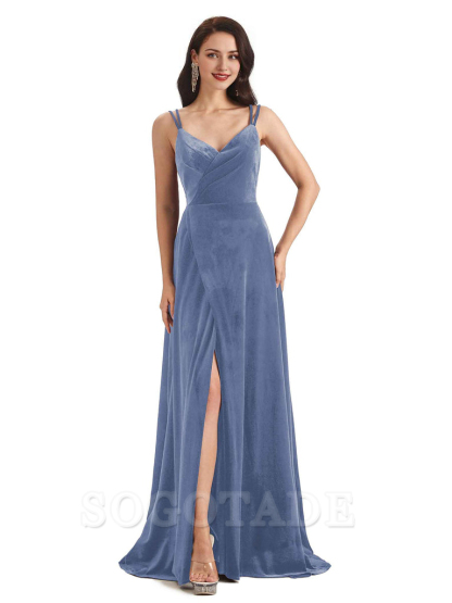 Sexy Velvet Long Bridesmaid Dresses Spaghetti Straps Open Back with Side Slit