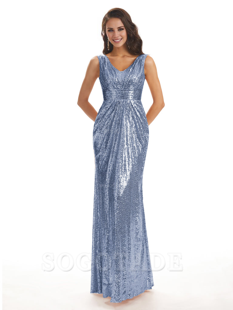 Sparkly V-Neck Sequin Long Mermaid Bridesmaid Dresses Sleeveless Charming Evening Party Dress