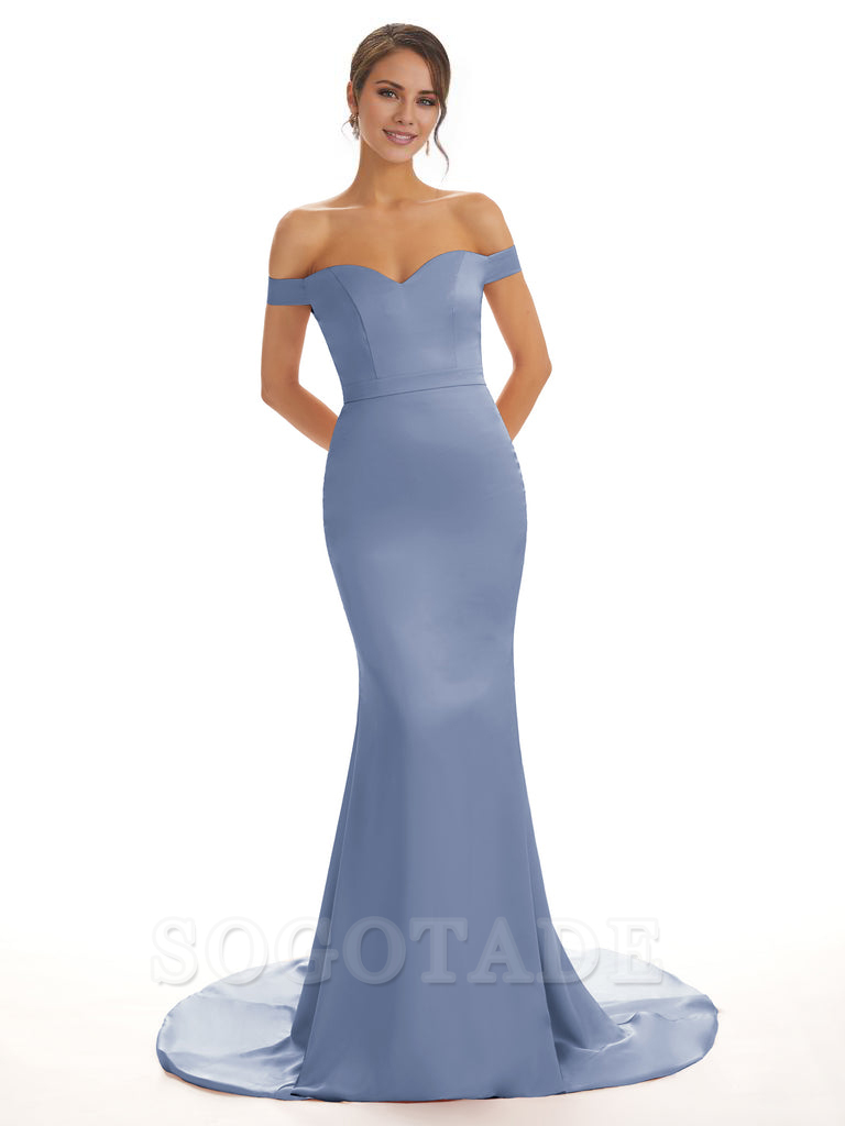 Elegant Off The Shoulder Satin Long Mermaid Bridesmaid Dresses