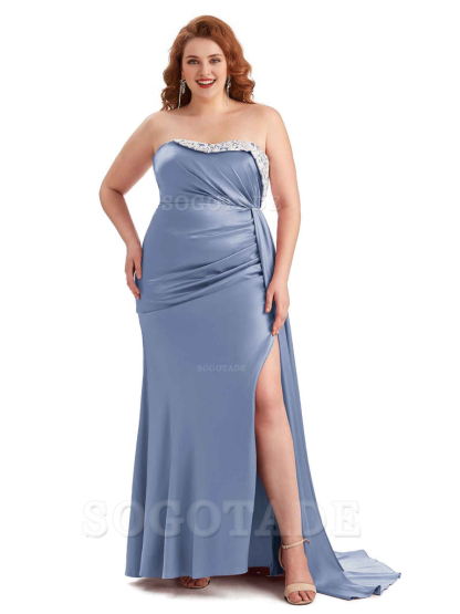 Sexy Side Slit Strapless Mermaid Lace Soft Satin Long Plus Size Maid of Honor Dresses